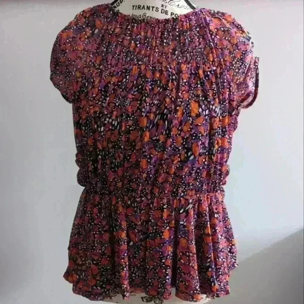 NINE WEST | Women's Multicolor Round Neck Short Sleeved Ruffled Blouse